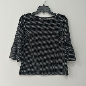Talbots Petite Women's 3/4 Bell Sleeve Black Swiss Polka Dot Top Size SP